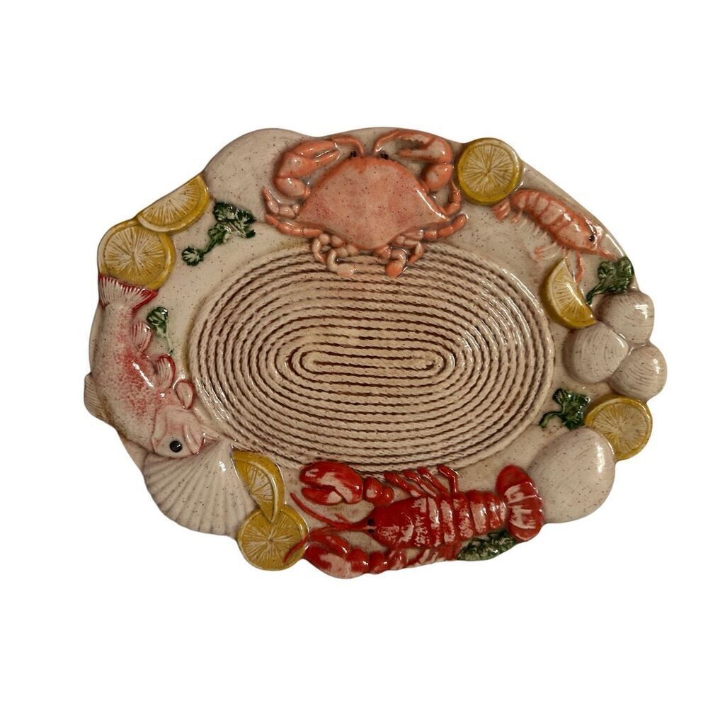 Vintage Multicolor Ceramic Sculpted Seafood Oval Platter 14" X 11"